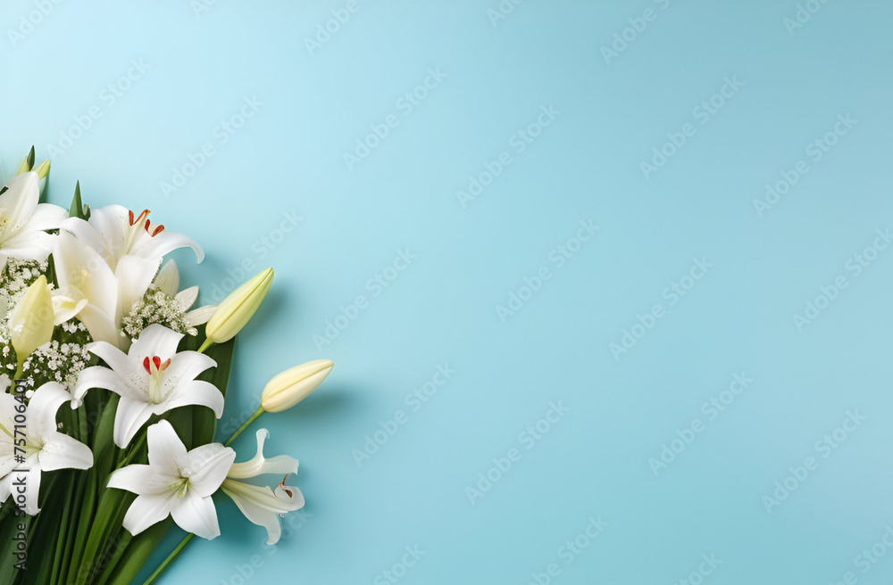 Beautiful white lilies on the pastel blue background. Horizontal background for banner, greeting card, invitation. Women's Day, Valentine's Day, wedding.