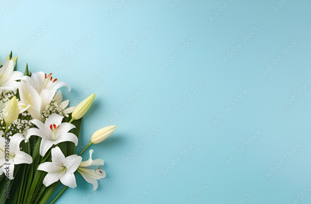 Obraz premium Beautiful white lilies on the pastel blue background. Horizontal background for banner, greeting card, invitation. Women's Day, Valentine's Day, wedding.