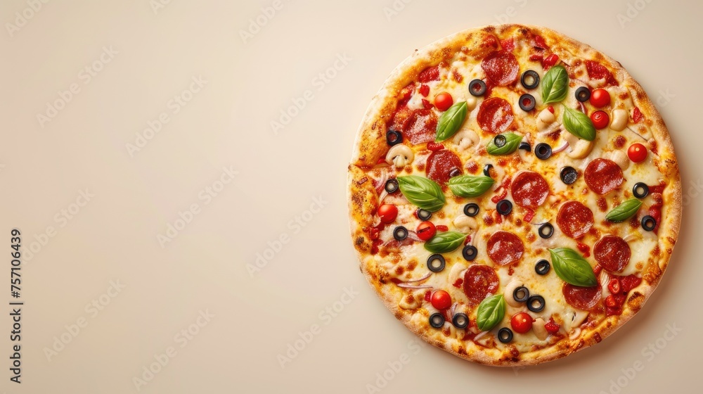 a mouth-watering pizza, featuring a variety of toppings, isolated against a light background, with ample space for text. a mouth-watering pizza, featuring a variety of toppings, isolated against a light background, with ample space for text.