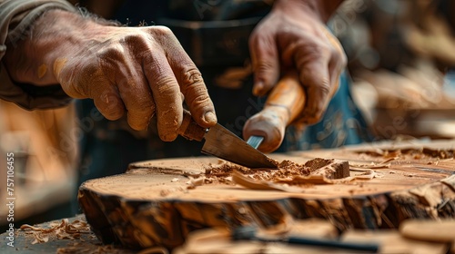 Closeup of craftsman hand carving in wood with chisel tool making artistic sculpture. photo