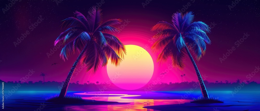 Vaporwave Sunset. A Fantasy Digital Illustration in 80s Retro Poster Style, Featuring Palm Trees, Dark Purple and Blue Tones, and Cyberpunk Glow Effects