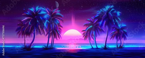 Vaporwave Sunset. A Fantasy Digital Illustration in 80s Retro Poster Style, Featuring Palm Trees, Dark Purple and Blue Tones, and Cyberpunk Glow Effects