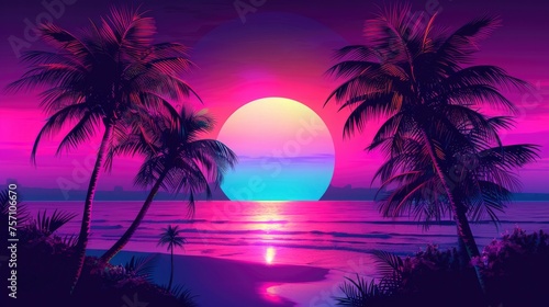 Vaporwave Sunset. A Fantasy Digital Illustration in 80s Retro Poster Style, Featuring Palm Trees, Dark Purple and Blue Tones, and Cyberpunk Glow Effects © EMRAN
