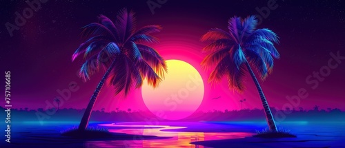 Vaporwave Sunset. A Fantasy Digital Illustration in 80s Retro Poster Style  Featuring Palm Trees  Dark Purple and Blue Tones  and Cyberpunk Glow Effects