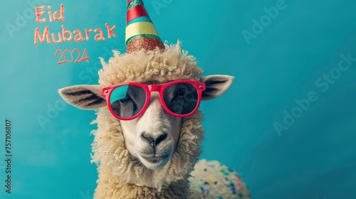 Eid concept sheep wearing a party hat and sunglasses, with the text Eid Mubarak © EMRAN