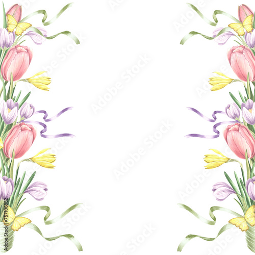 Postcard template with tulips, crocuses and daffodils flowers, butterflies. Spring and summer background watercolor floral frame with copy space. Isolated hand drawn illustration for invitation, card. © Susie_p_art