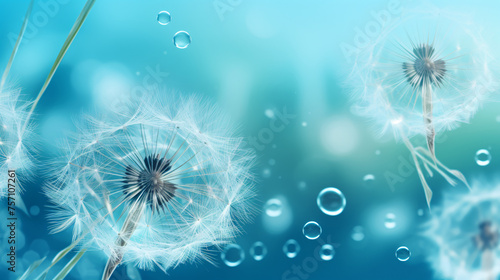 Dandelion seeds in droplets of water on blue and turqu photo