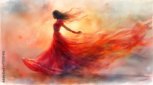 Selective focus. Watercolour illustration of dancing Indian girl in national dress. Indian culture concept. Copy space.