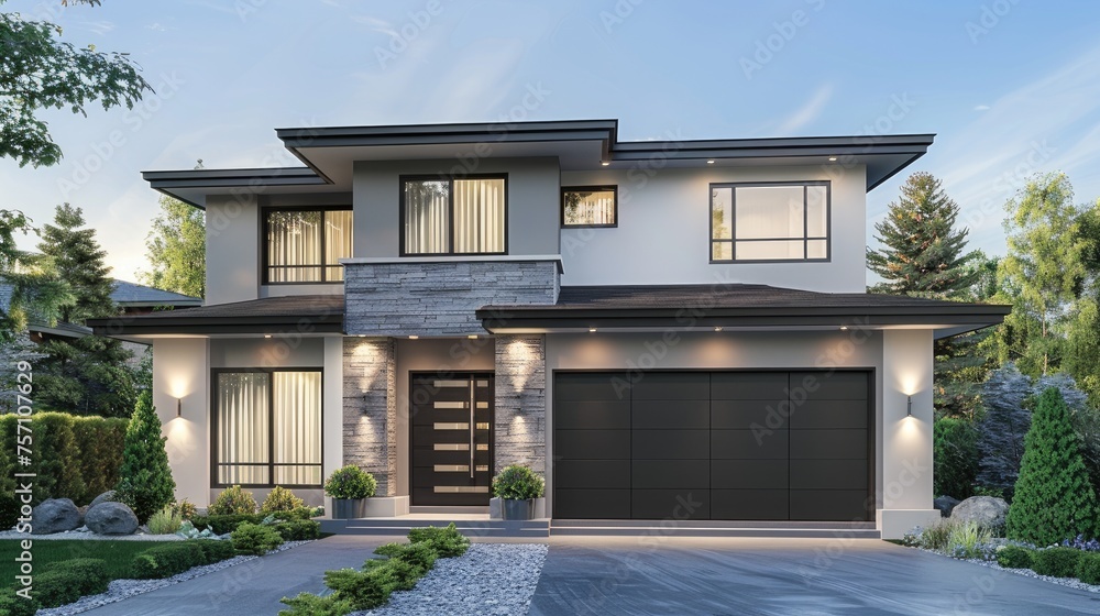a new garage door adorning a modern home, surrounded by stunning landscaping and bathed in natural lighting, with hyperdetailed features and depth of field.