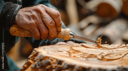 Man sculpting with chisel in wood plank making sculpture