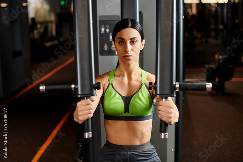 athletic good looking woman in sportwear exercising on chest press machine and looking at camera