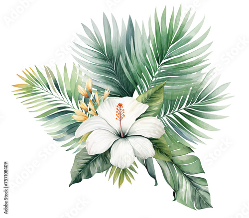 Watercolor tropical bouquet with white flowers and green palm leaves isolated illustration photo