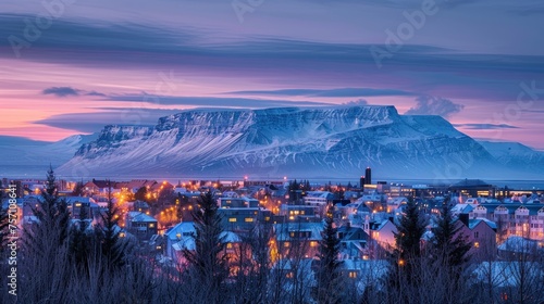 İlluminated city skyline against a mountain backdrop at dawn, a stunning blend of urban and natural beauty.