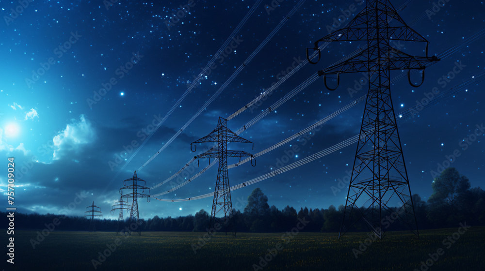 Electricity transmission towers with glowing wires - obrazy, fototapety, plakaty 