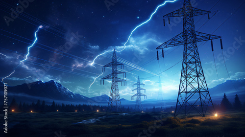 Electricity transmission towers with glowing wires