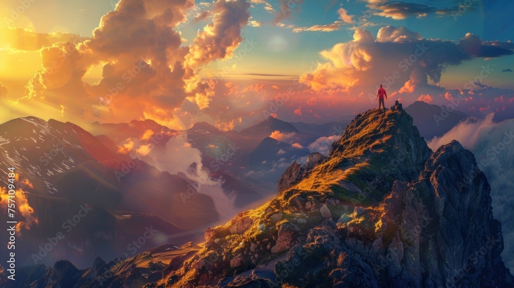 At sunset, a man stands triumphantly on a mountain peak.