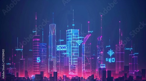 In a modern and creative telecommunication network within a smart city, the concept emphasizes the connectivity of 5G wireless technology and the Internet of Things