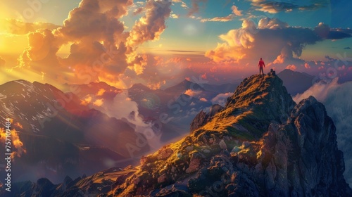 At sunset  a man stands triumphantly on a mountain peak.