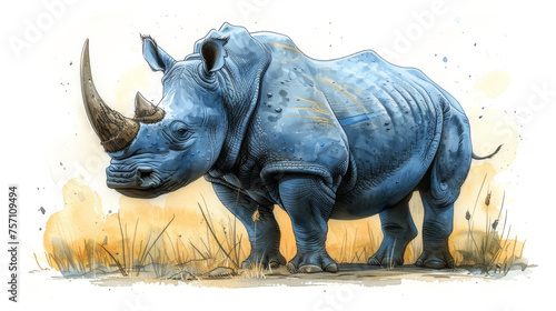a drawing of a rhinoceros standing in a field of grass with a large horn on it s head.