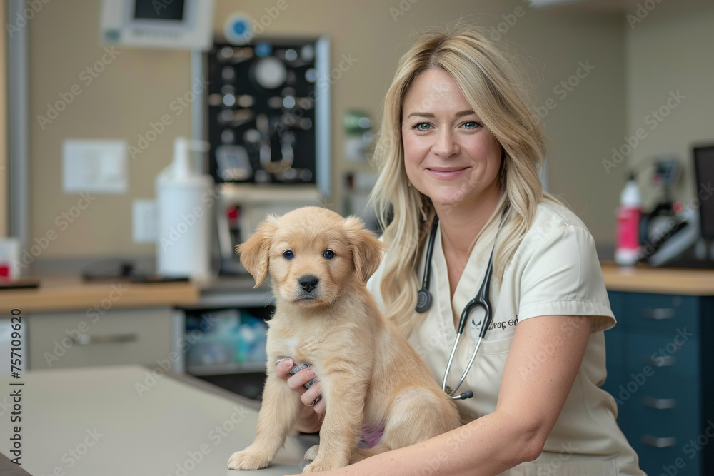 Young blonde female veterinarian in white uniform holding retriever puppy in a modern vet hospital. Vet check up. Young blonde female veterinarian in white uniform holding retriever puppy in a modern vet hospital. Vet check up.