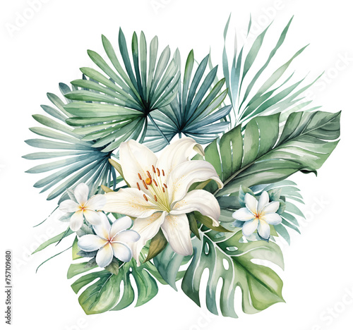 Watercolor tropical bouquet with white flowers and green palm leaves isolated illustration