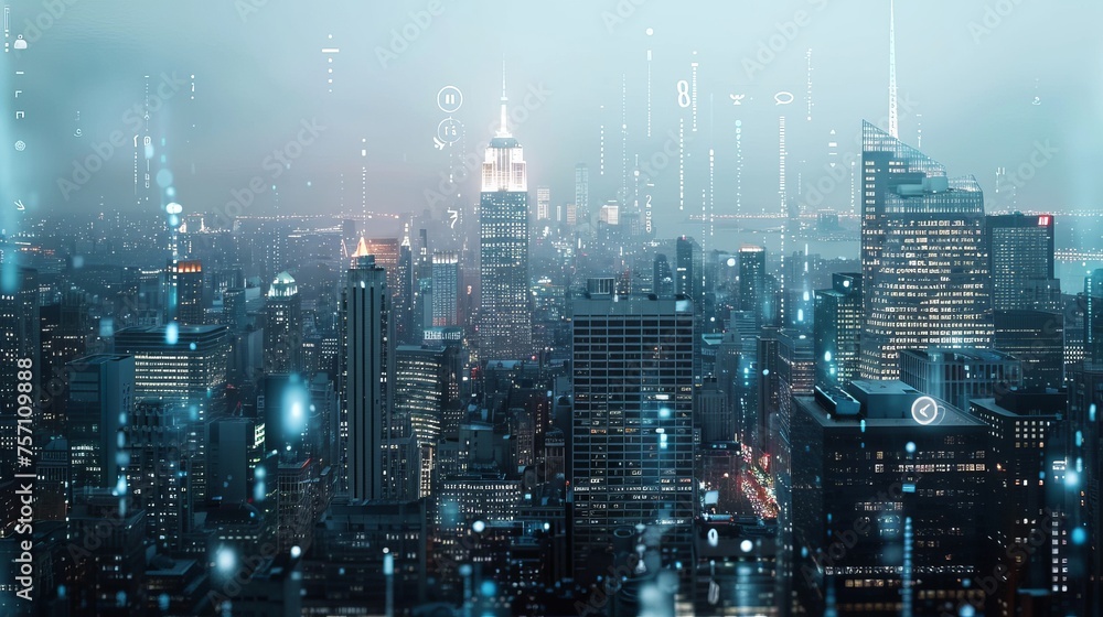 An image depicting a blurry immersive Internet of Things interface overlaying the New York City skyline. 