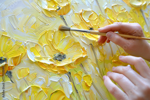 Female hand of artist with brush painting picture yellow flowers picture.