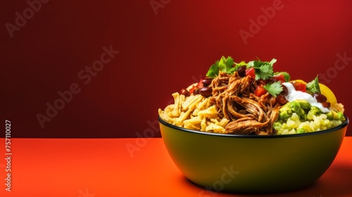 A vibrant green bowl brimming with taco salad rests atop a bold red table © Muhammad
