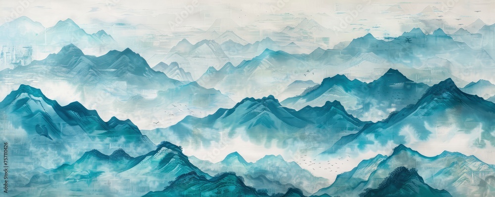 Ancient Chinese Landscape Painting Featuring Traditional Style with Green Background and Blue
