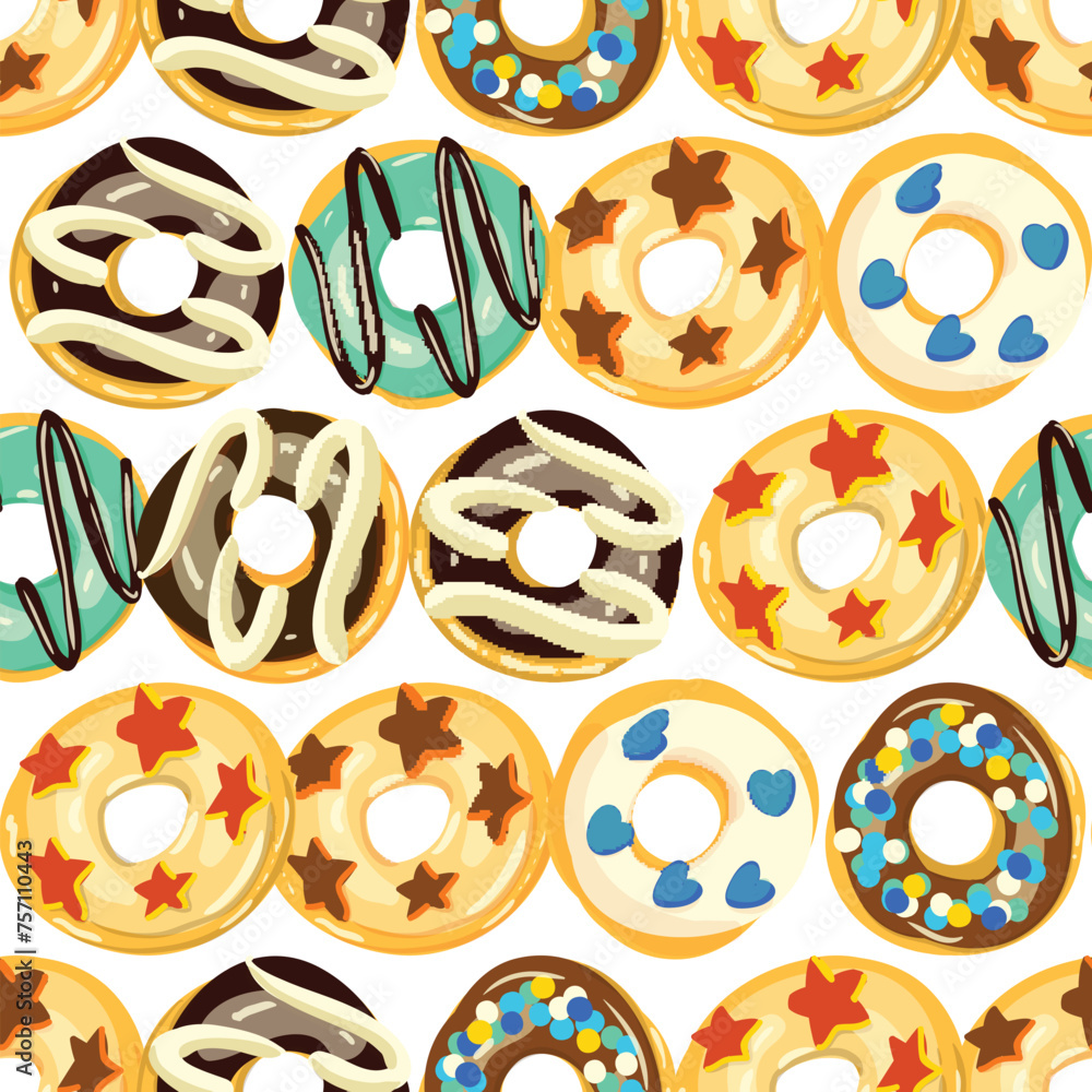 Seamless donut pattern on white background with various toppings Seamless donut pattern on white background with various toppings