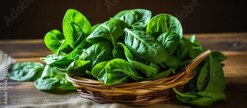 A basket filled with spinach leaves, a leaf vegetable, sits on a wooden table. Spinach is a popular ingredient in many dishes across cuisines