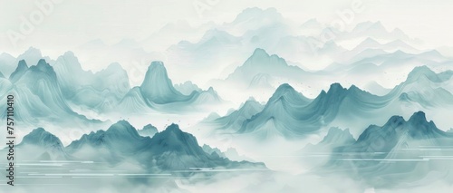 Ancient Chinese Landscape Painting Featuring Traditional Style with Green Background and Blue