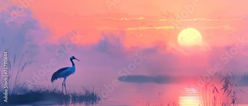 Misty Sunrise Over Waterland Crane Colorful Palette