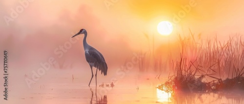 Misty Sunrise Over Waterland Crane Colorful Palette © EMRAN