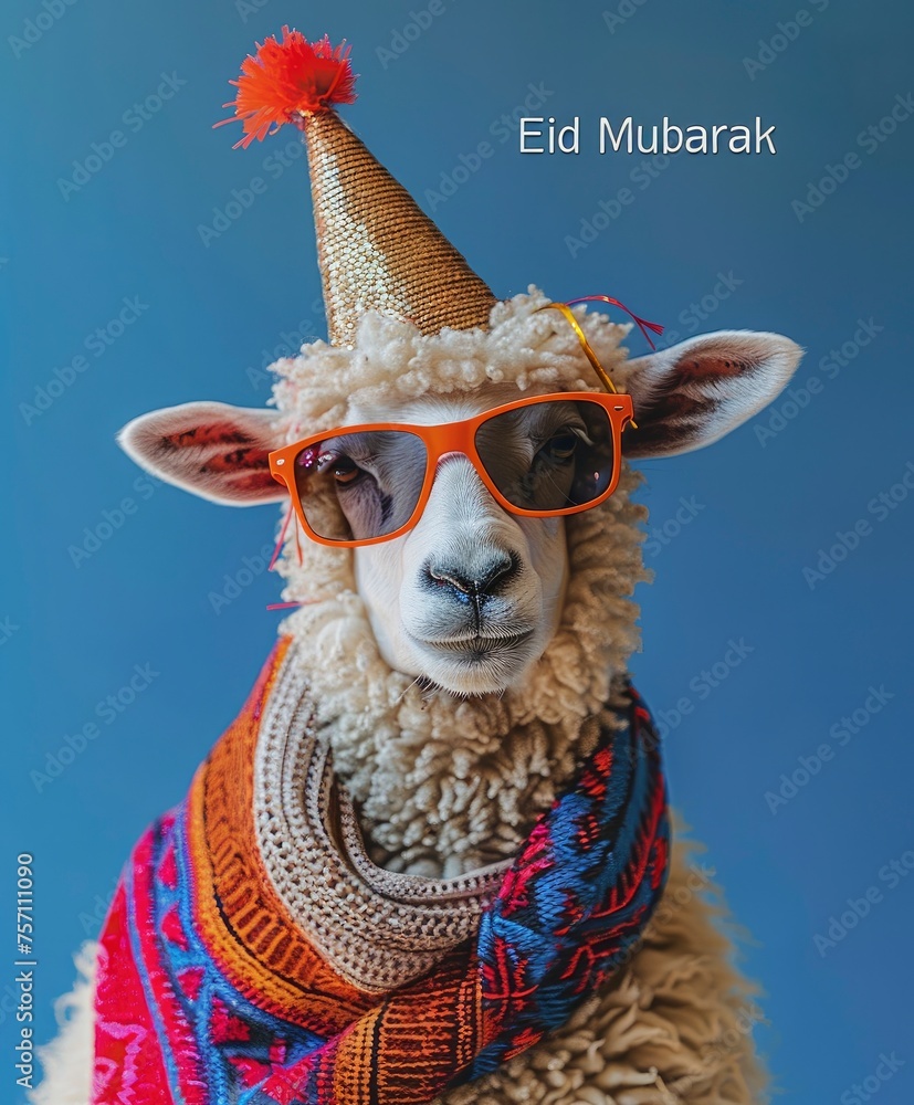 Eid concept sheep wearing a party hat and sunglasses, with the text Eid Mubarak