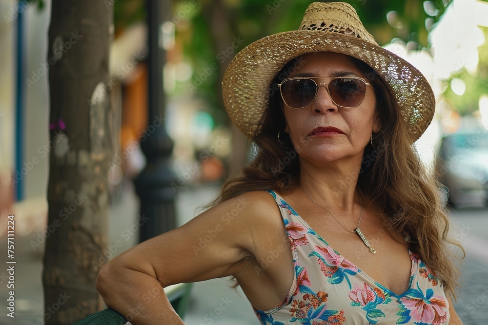 A woman wearing a straw hat and sunglasses is standing in front of a tree