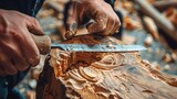 Closeup of sculptor hand holding chisel carving in wood.