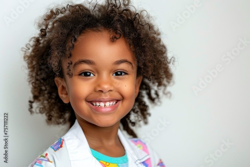 Happy child in colorful dentist attire posing with a big smile