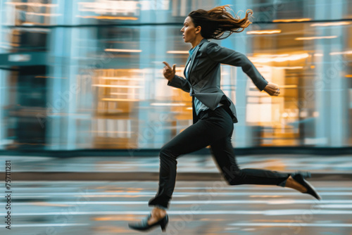 A powerful image of a woman in business attire sprinting with purpose through the city, showcasing determination and drive