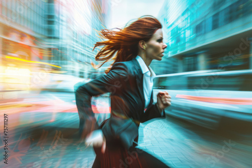A sense of urgency and motion as a businesswoman runs down a city street with a blurred background