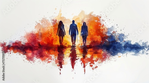 a group of people walking down a street next to a red, orange and blue paint splattered wall. photo