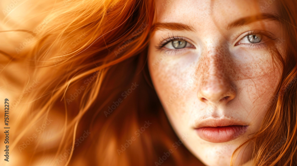 An exquisite close-up portrait highlighting the enchanting features of a young woman, including her ginger hair and impeccably healthy, freckled skin An exquisite close-up portrait highlighting the enchanting features of a young woman, including her ginger hair and impeccably healthy, freckled skin