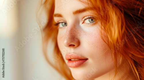 An exquisite close-up portrait highlighting the enchanting features of a young woman, including her ginger hair and impeccably healthy, freckled skin