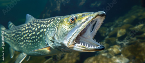 A captivating underwater photograph capturing the majestic presence of a large pike in its natural habitat © Vladyslav