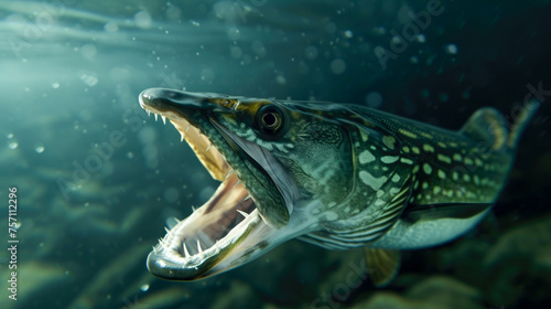 The mesmerizing sight of a big pike swimming gracefully beneath the water's surface, captured in an underwater photo