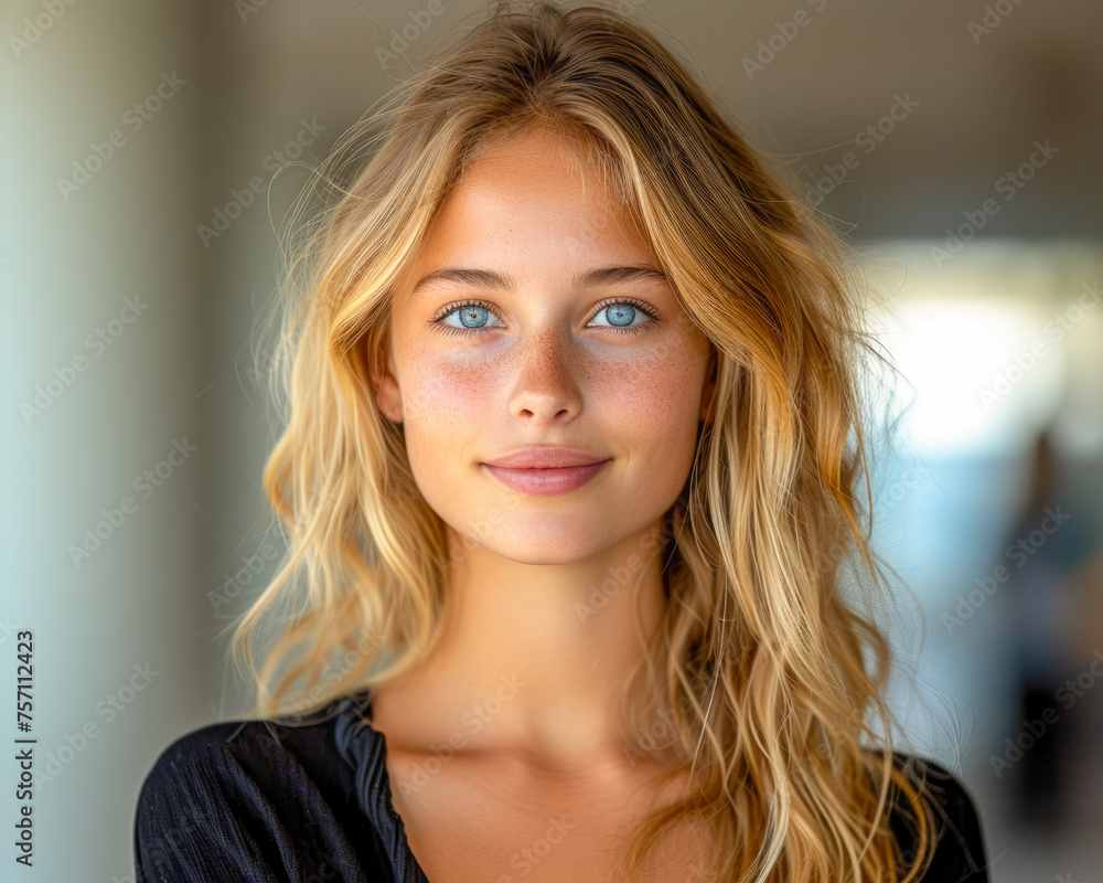 An uplifting image of a casually dressed, radiant young woman, expressing genuine joy and satisfaction as she smiles warmly at the camera in a studio environment An uplifting image of a casually dressed, radiant young woman, expressing genuine joy and satisfaction as she smiles warmly at the camera in a studio environment
