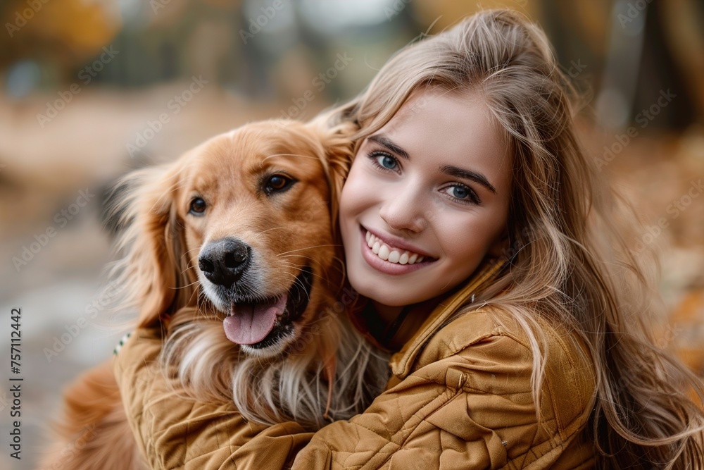 A woman is hugging a dog with a smile on her face A woman is hugging a dog with a smile on her face