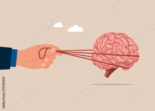Brainstorming. Brain trying to run away with full effort. Negative attitude. Flat vector illustration