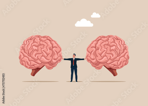 Brainstorming. Lawyer separating two brain opposing. Conflict resolution. Idea, Financial and investment growth. Flat vector illustration