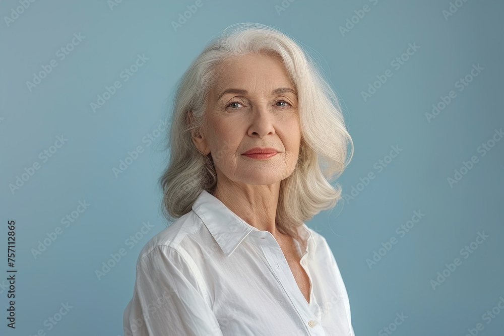 A woman with white hair and a white shirt is smiling A woman with white hair and a white shirt is smiling